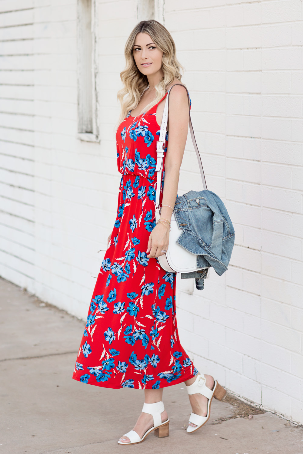 red and blue maxi dress